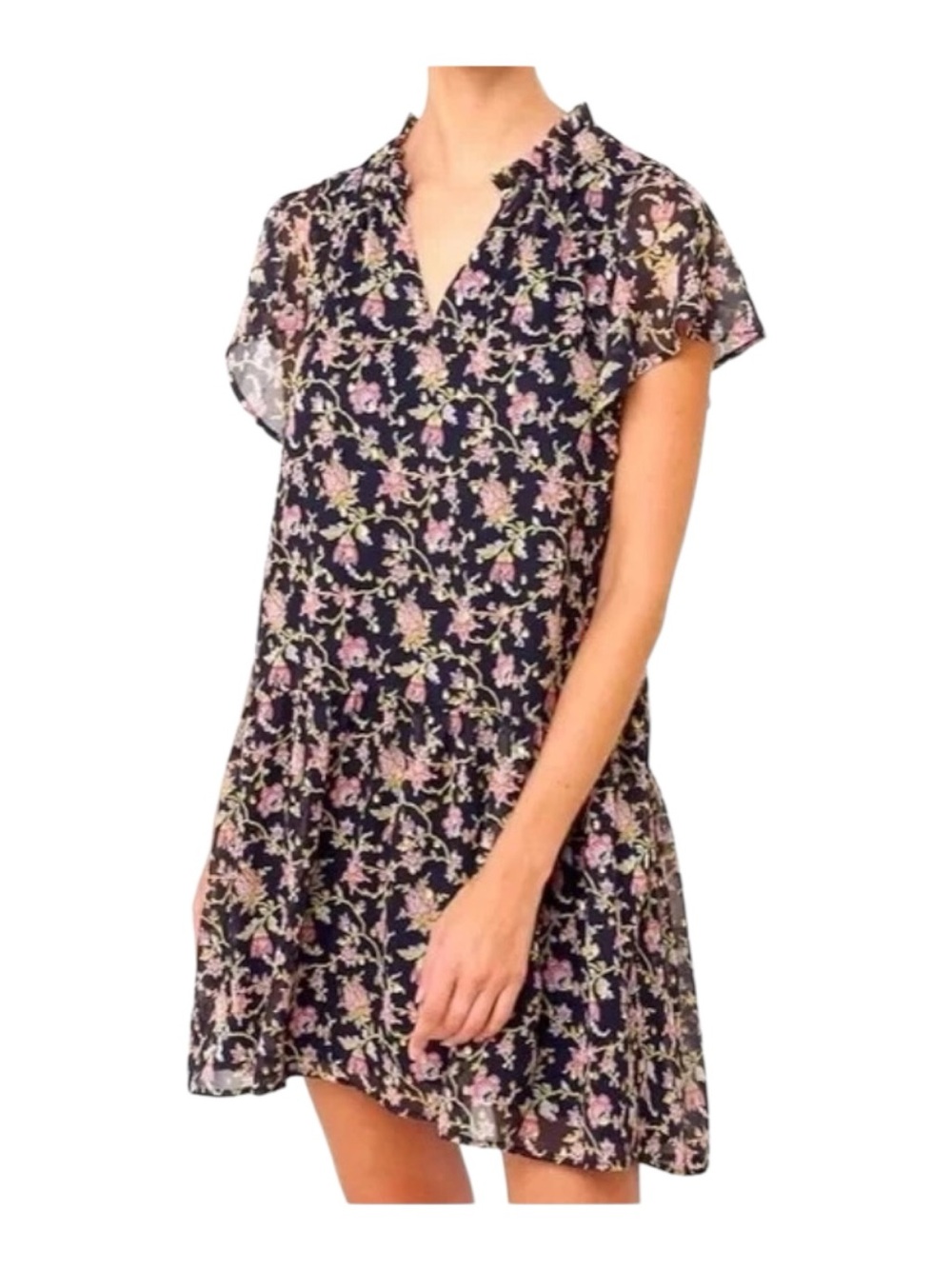 LOFT Dress Black Floral Drop Waist Ruffle Neck Gold Embroidered Polka Dot